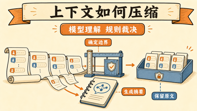 压缩过程包含确定性边界和模型摘要两部分