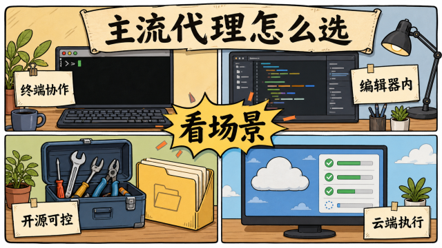 主流 AI 编程代理应按终端协作、编辑器内、开源可控和云端执行等场景选择