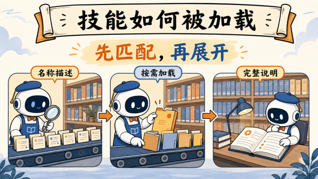 Skill 采用先匹配名称和描述、命中后再读取完整说明的渐进加载机制