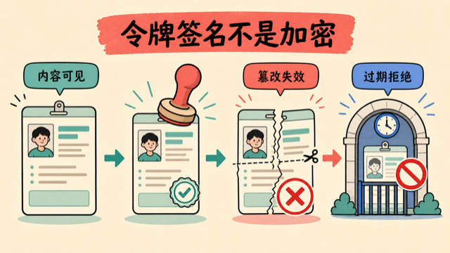 签名令牌内容可见,篡改或过期都会被拒绝