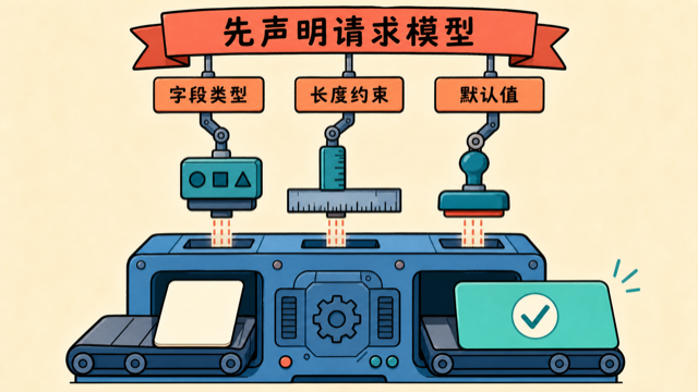 请求模型声明字段类型、长度约束和默认值
