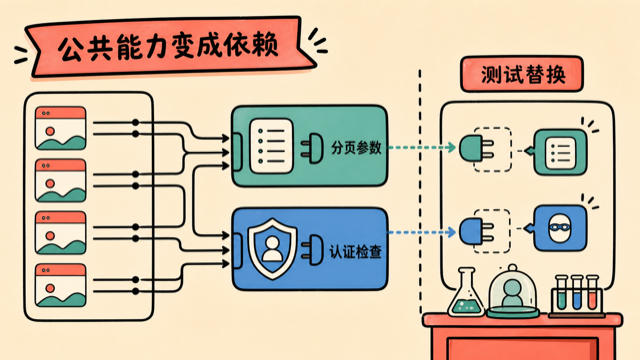 分页与认证能力通过依赖复用并可在测试中替换