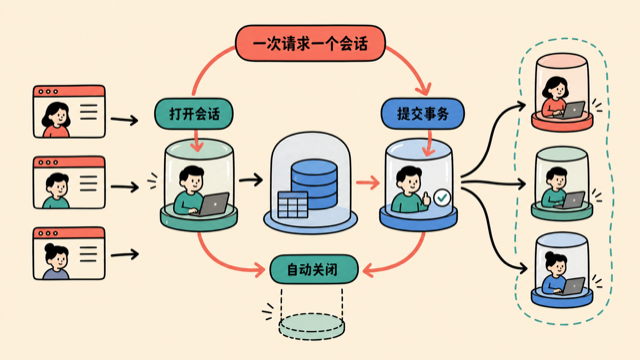 每次请求独立打开、提交并关闭数据库会话