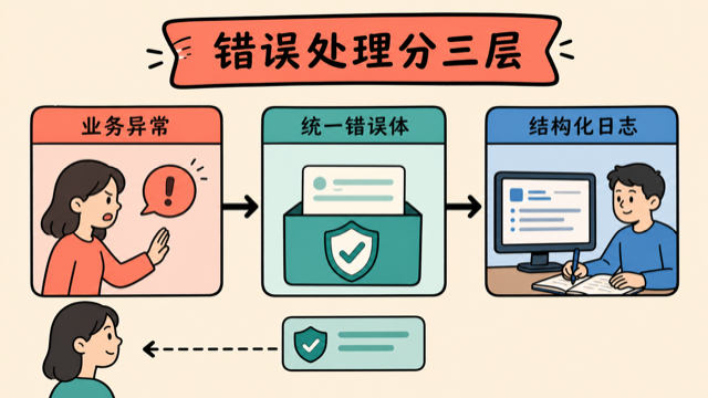 业务异常、统一错误体和结构化日志分层处理