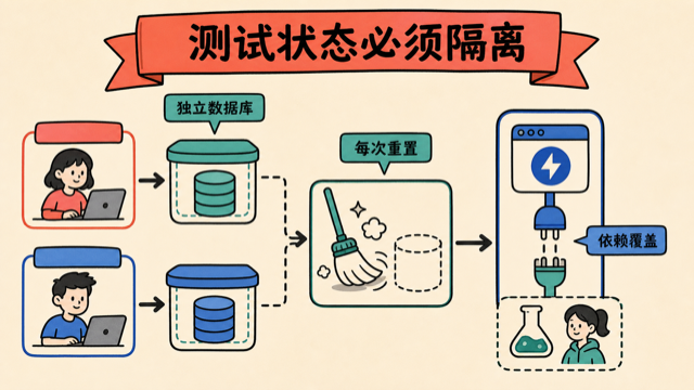 测试使用独立数据库、每次重置并覆盖依赖