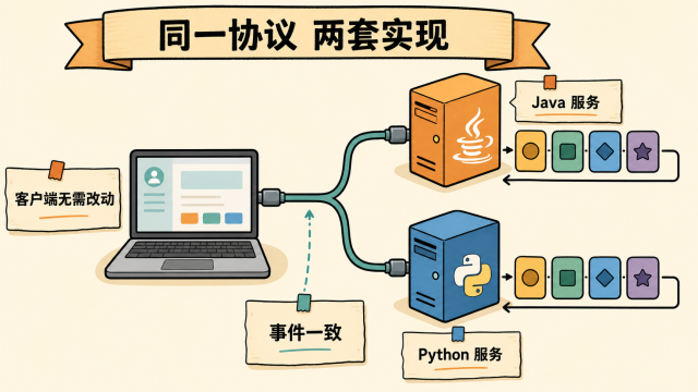 Java 与 Python 服务使用同一事件协议,客户端可以交叉访问