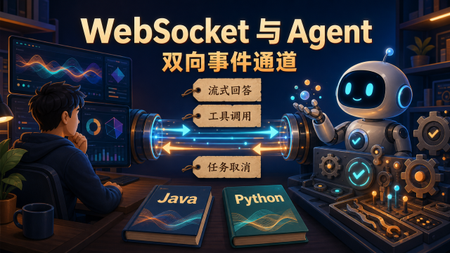 WebSocket 在用户界面与 Agent 之间建立双向事件通道,并由 Java 与 Python 共同实现
