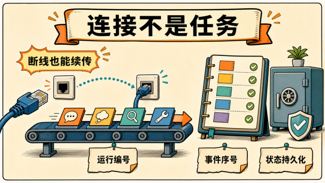 WebSocket 可以断开重连,而 Agent 运行需要依靠运行编号和事件序号持续存在